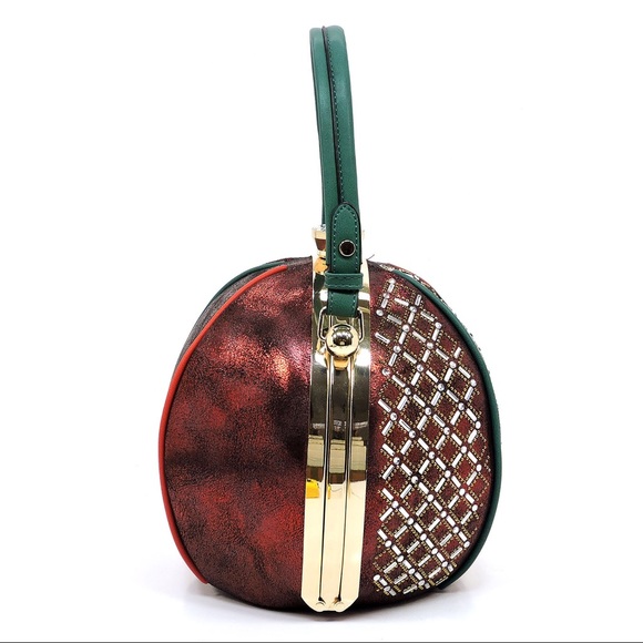 Rhinestone Frame Round Satchel Handbag - Picture 4 of 7